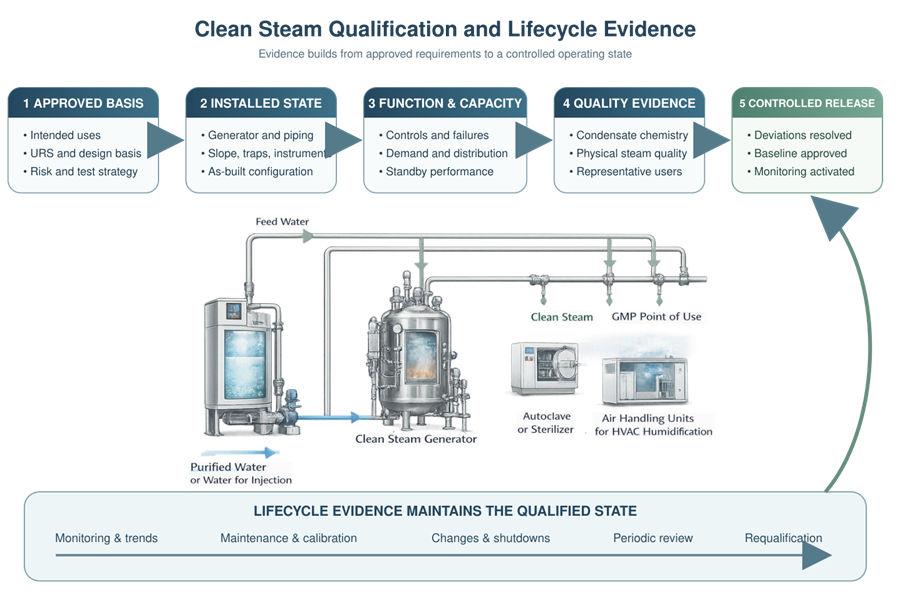 Clean steam qualification lifecycle from approved requirements and installed-state verification through functional testing, quality evidence, release, monitoring, and requalification.