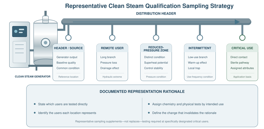 Clean steam qualification sampling locations representing the header, remote user, reduced-pressure zone, intermittent branch, and critical-use application.