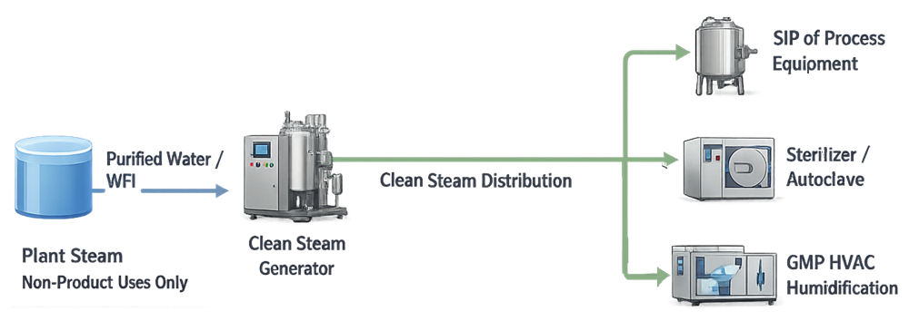 Clean steam system context showing qualified feed water, a clean steam generator, hygienic distribution, and GMP users including SIP equipment, a sterilizer, and direct-injection humidification.