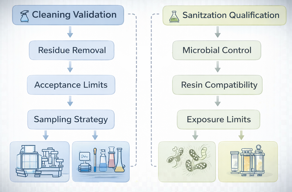 Logic diagram comparing cleaning validation and sanitization qualification for chromatography systems, showing residue removal, acceptance criteria, microbial control, and resin compatibility considerations.