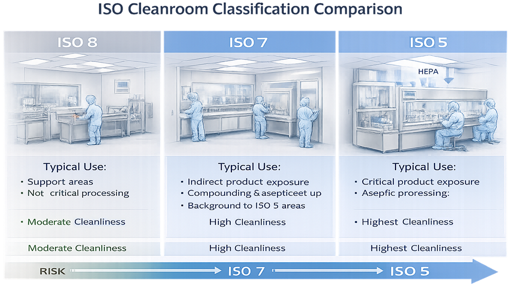 ISO cleanroom classification comparison showing typical uses and relative cleanliness of ISO 8, ISO 7, and ISO 5 environments