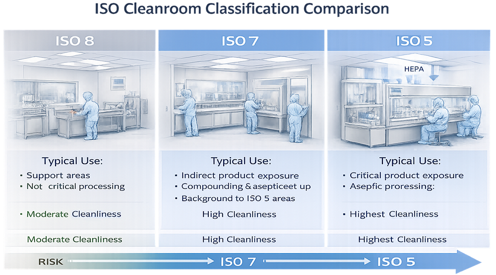 ISO cleanroom classification comparison showing typical uses and relative cleanliness of ISO 8, ISO 7, and ISO 5 environments