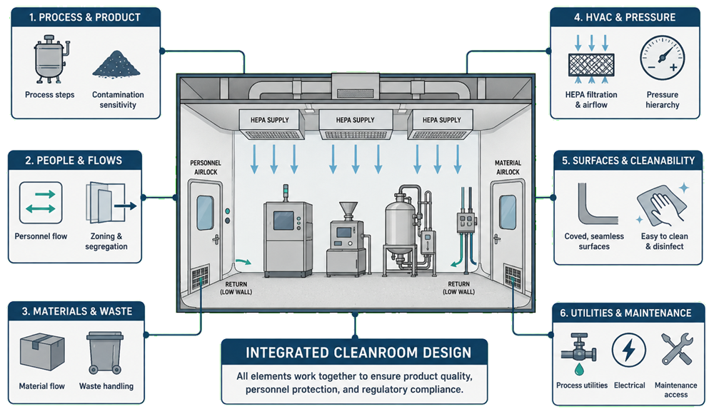 Cleanroom design framework integrating process requirements, personnel and material flows, HVAC and pressure, cleanable surfaces, utilities, and maintenance access.