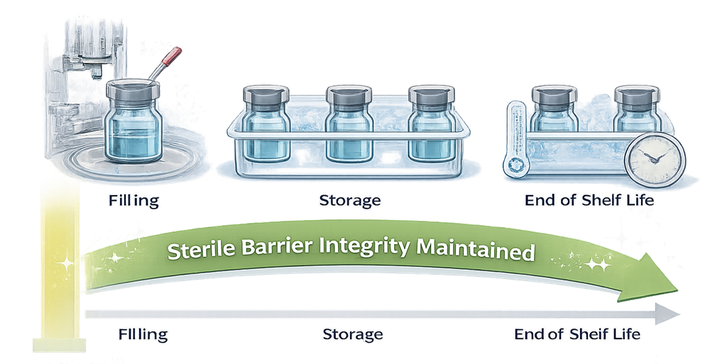 Container-closure integrity lifecycle from filling through storage and the end of shelf life, showing maintenance of the sterile barrier over time.