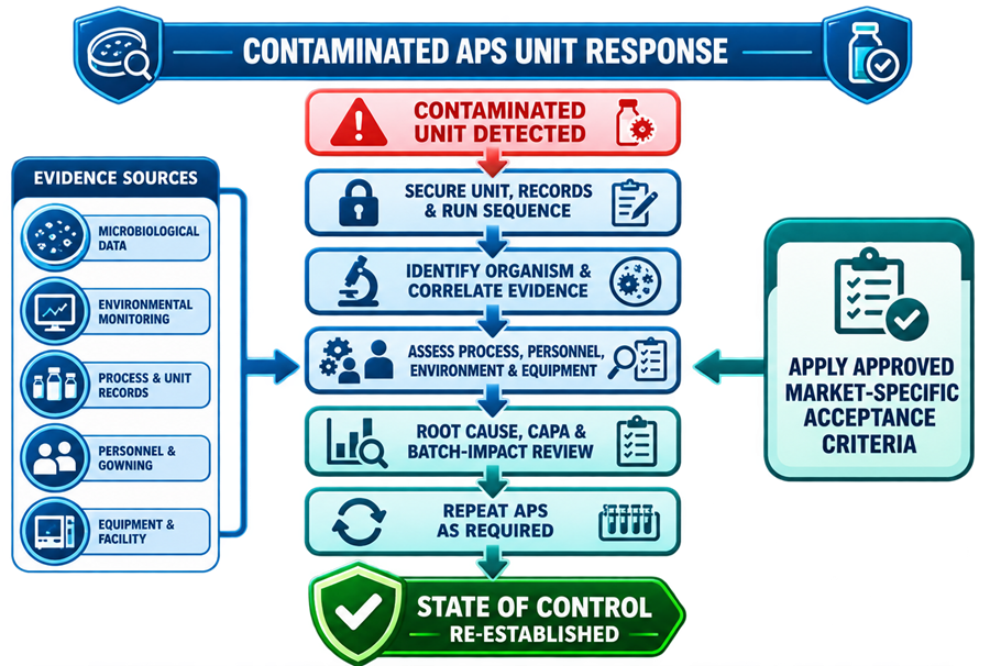 Contaminated APS unit response showing evidence preservation, organism identification, evaluation of process and environmental records, root-cause assessment, corrective action, repeat simulation, and restoration of control.