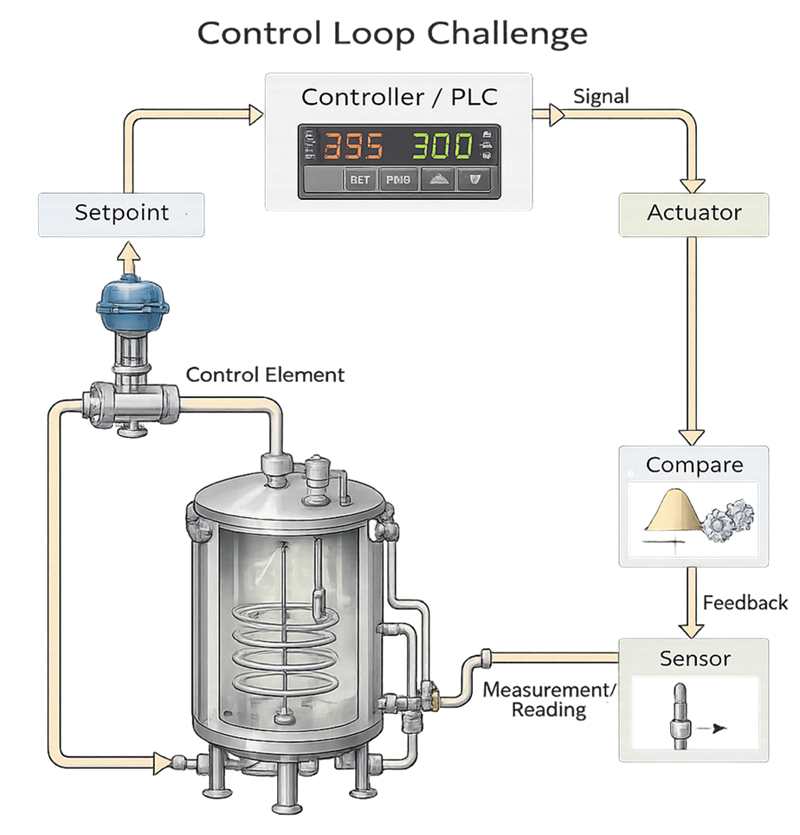 Closed-loop bioreactor control challenge connecting setpoint, controller, actuator, process vessel, sensor measurement, and feedback