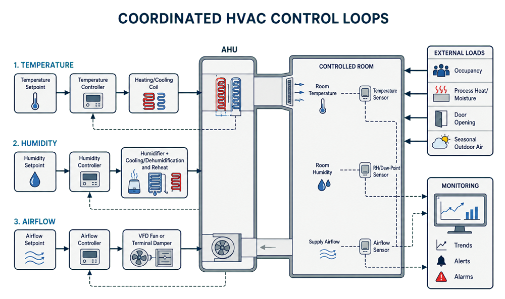 Separate GMP HVAC feedback loops controlling room temperature, relative humidity, and supply airflow with external loads, trends, alerts, and alarms.