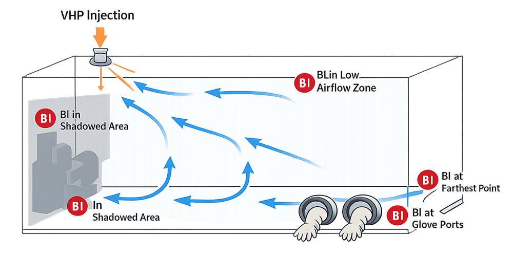 Barrier-system enclosure showing representative biological indicator locations selected from agent-distribution studies and routine configuration risks