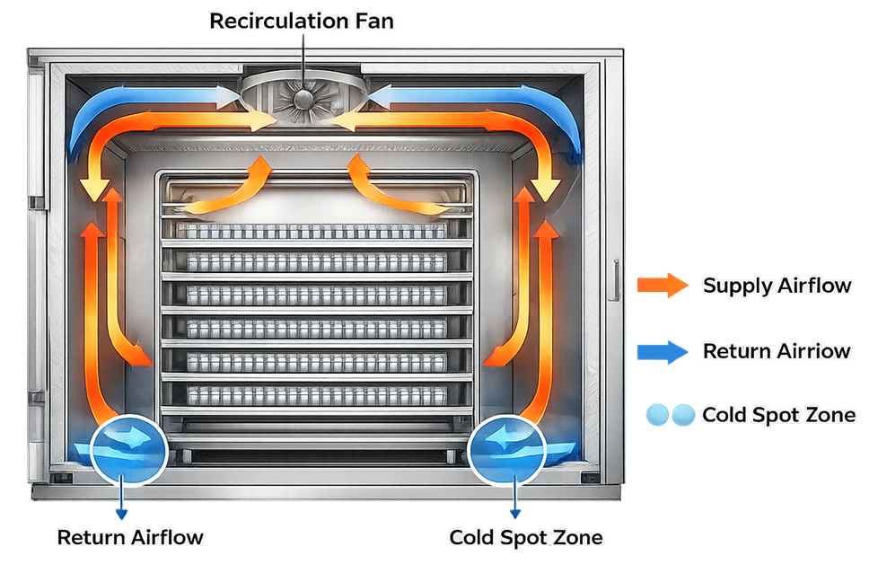 Cross-section of batch depyrogenation oven showing circulation fan, heated supply airflow, load shelves, return airflow, and potential cold locations