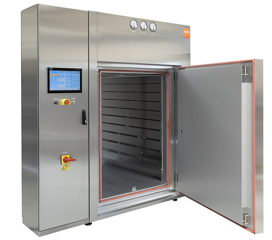 Stainless-steel batch dry-heat oven with loading chamber, shelves, control panel, and insulated door