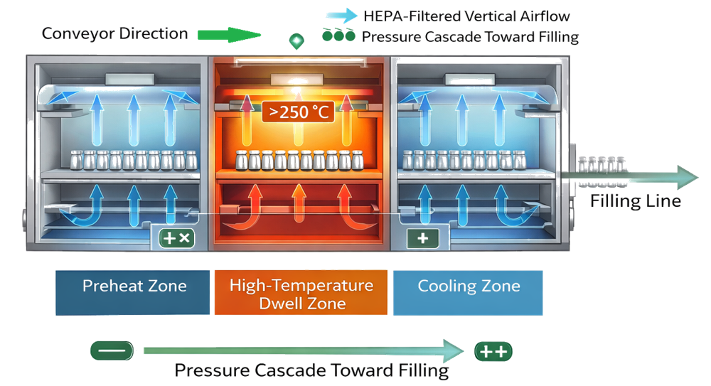 Three-zone depyrogenation tunnel showing preheating, high-temperature processing, controlled cooling, HEPA-filtered airflow, conveyor movement, and filling-line transfer