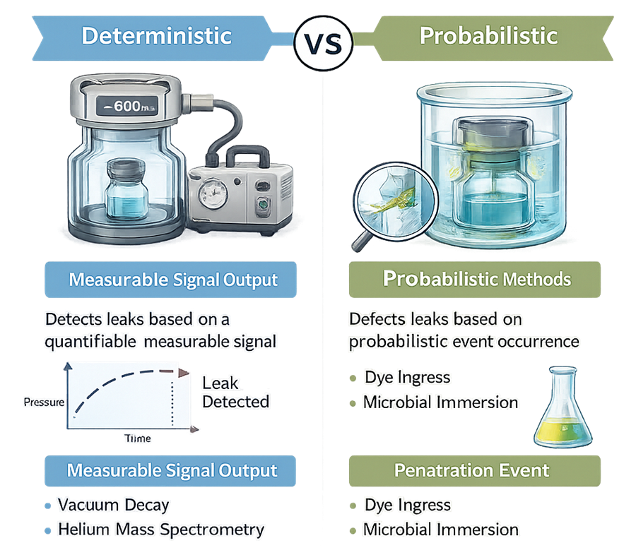 Comparison diagram showing deterministic leak testing with measurable signal output versus probabilistic dye ingress testing based on penetration event.