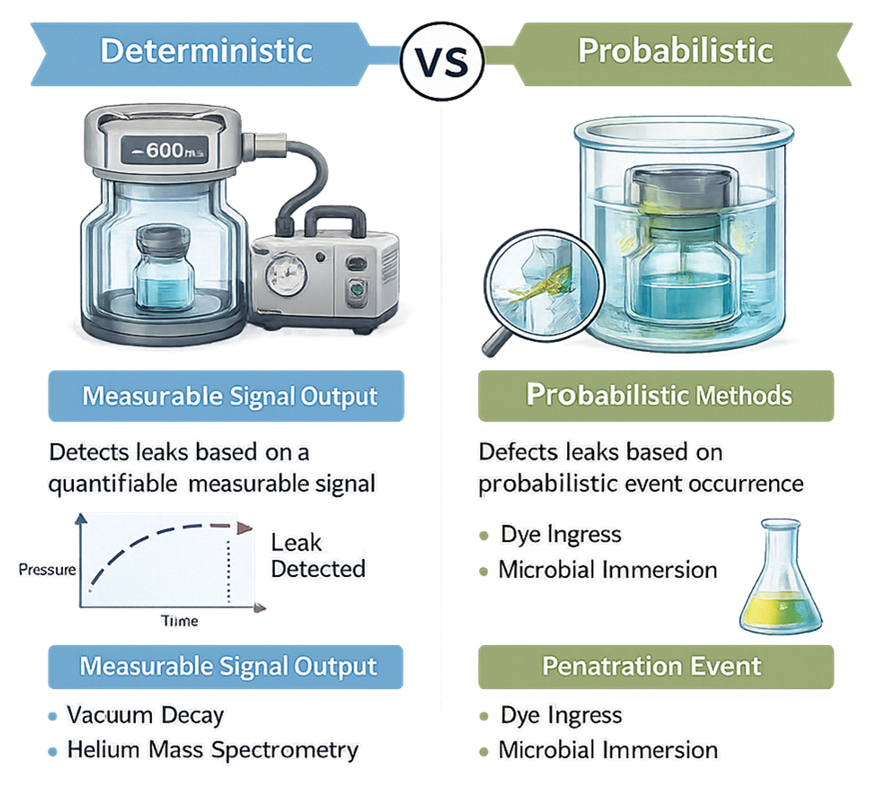 Comparison of deterministic CCIT methods that measure physical signals and probabilistic methods that depend on challenge-medium penetration.