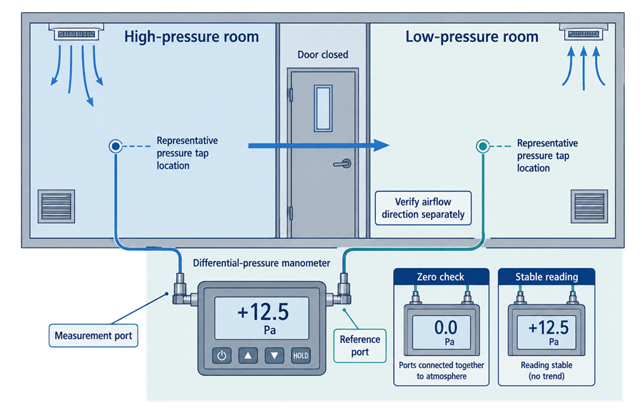 Differential-pressure measurement between adjacent rooms using a calibrated manometer connected to representative pressure taps on opposite sides of the room boundary.