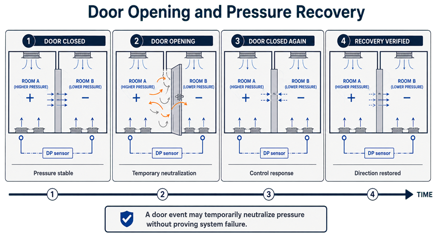 Four-stage diagram showing stable room pressure with a closed door, temporary pressure neutralization during door opening, control-system response after closure, and restoration of the intended airflow direction.