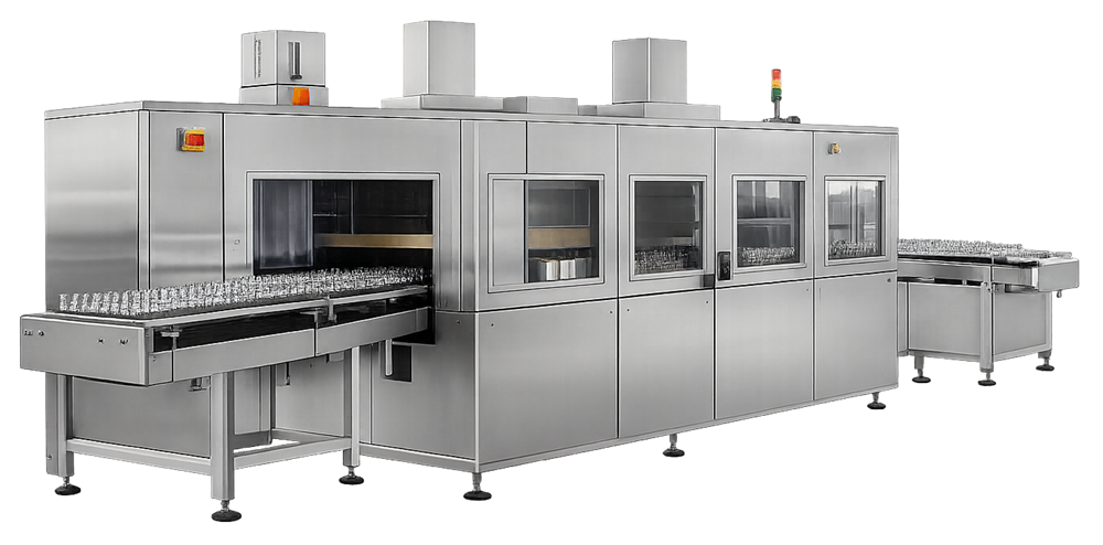 Continuous dry heat tunnel with preheating, high-temperature treatment, and controlled cooling zones integrated with an aseptic filling line.