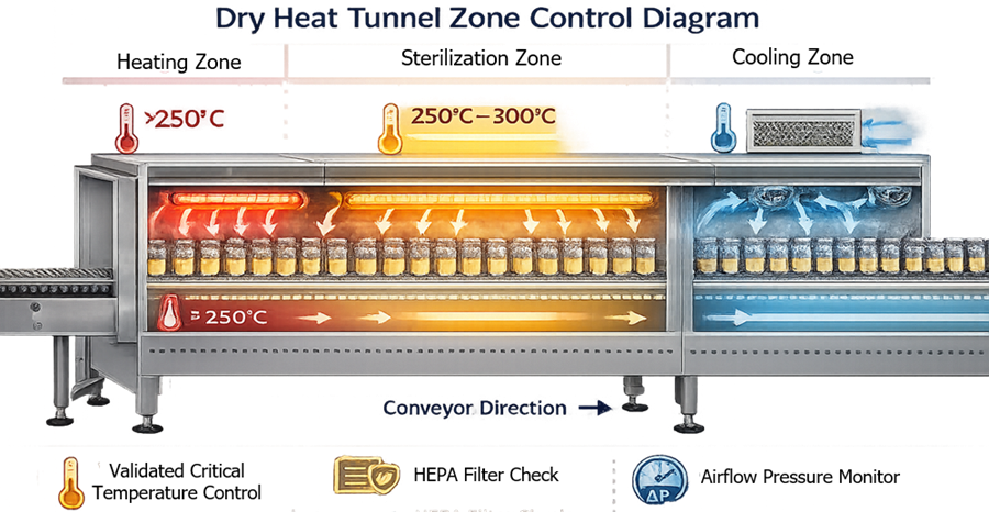 Continuous dry heat tunnel showing preheating, high-temperature treatment, and controlled cooling zones along the container path.