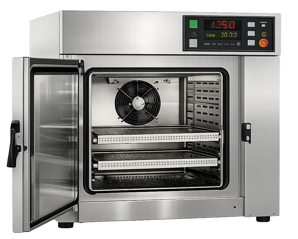 Forced-air dry heat sterilization oven showing recirculated airflow around heat-stable materials in a batch chamber.