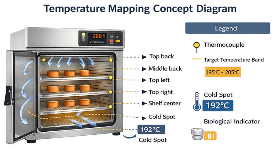 Dry heat oven temperature-mapping concept showing qualification sensor locations, recirculating airflow, and identification of a potential cold location.