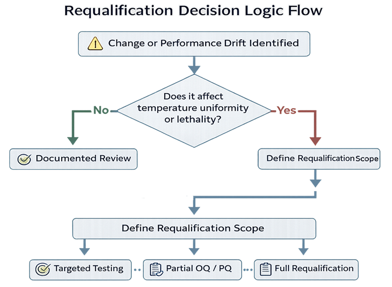 Risk-based dry heat sterilizer requalification decision diagram showing scheduled and event-driven triggers, impact assessment, and selection of targeted, partial, or comprehensive testing.