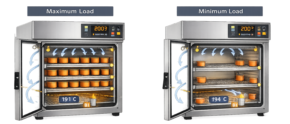 Comparison of maximum and minimum dry heat oven loads showing airflow obstruction, delayed heat penetration, cold-location risk, and excessive thermal exposure.