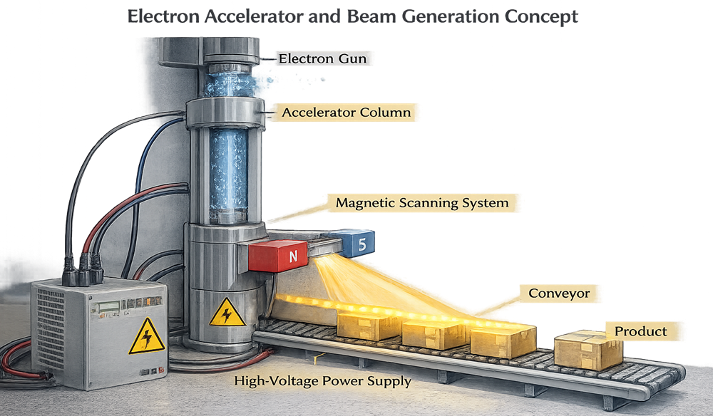 Electron beam sterilization system diagram showing electron gun, accelerator column, high-voltage power supply, magnetic scanning system, beam exit window, and product conveyor under irradiation.