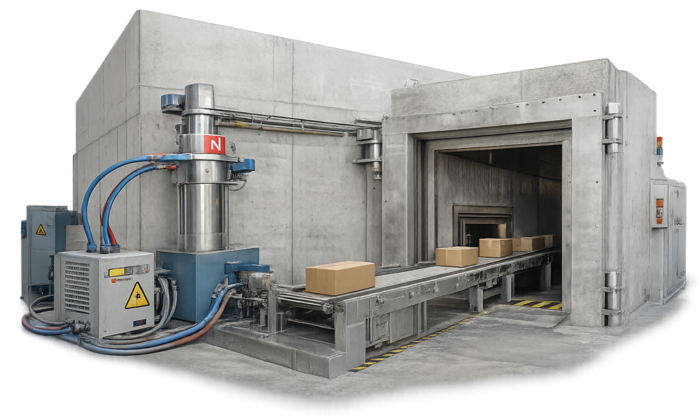 Vault-based electron beam sterilization system showing accelerator column, high-voltage power unit, shielded concrete irradiation vault, and conveyor transporting product cartons through a radiation-shielded tunnel.