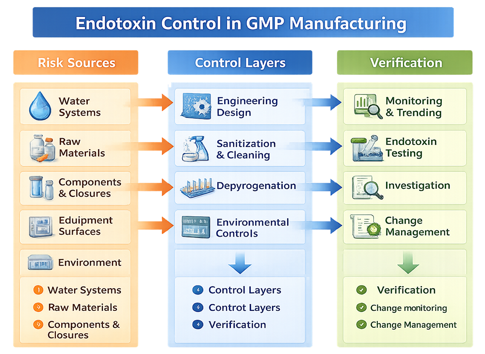 Endotoxin source-to-control map connecting raw materials, pharmaceutical water, equipment, components, aqueous holds, and environmental exposure with microbial-proliferation risks, preventive controls, endotoxin-reduction steps, monitoring, testing, and lifecycle review.