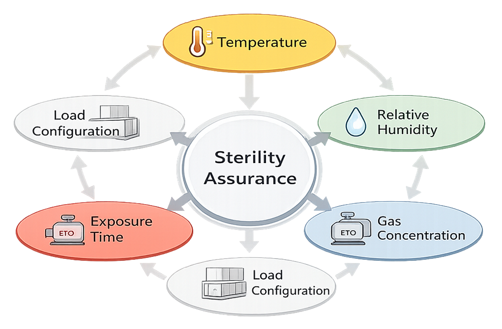 Concept diagram showing interaction of temperature, humidity, gas concentration, exposure time, and load configuration contributing to sterility assurance.
