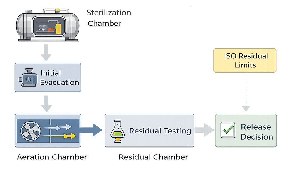 Ethylene oxide residual-control sequence showing chamber evacuation, heated aeration, residual testing, and product-release decision.