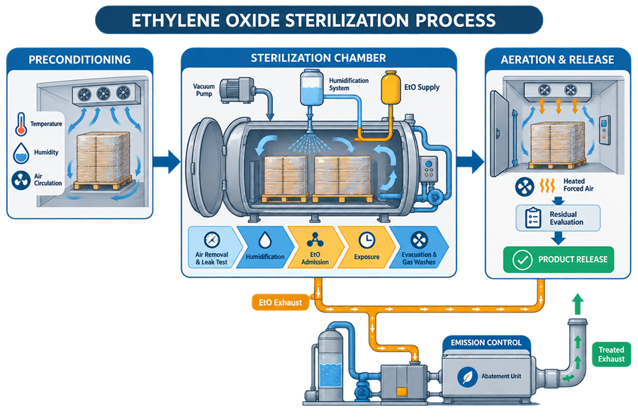 Ethylene oxide sterilization process showing preconditioning, chamber phases, aeration, residual evaluation, product release, and emission control.