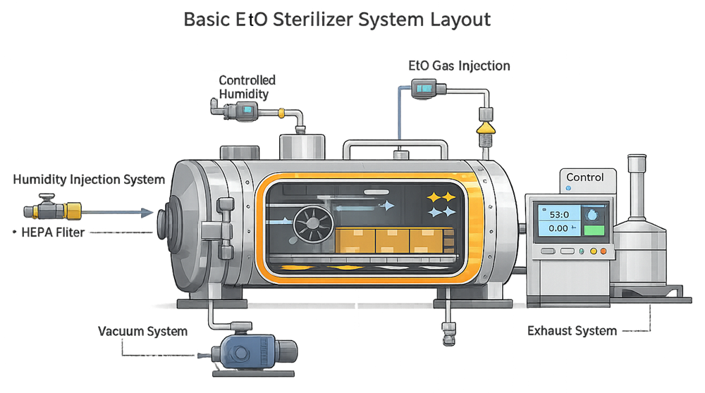 Ethylene oxide sterilizer system showing the pressure chamber, heating, humidification, gas injection, vacuum, circulation, controls, and exhaust equipment.