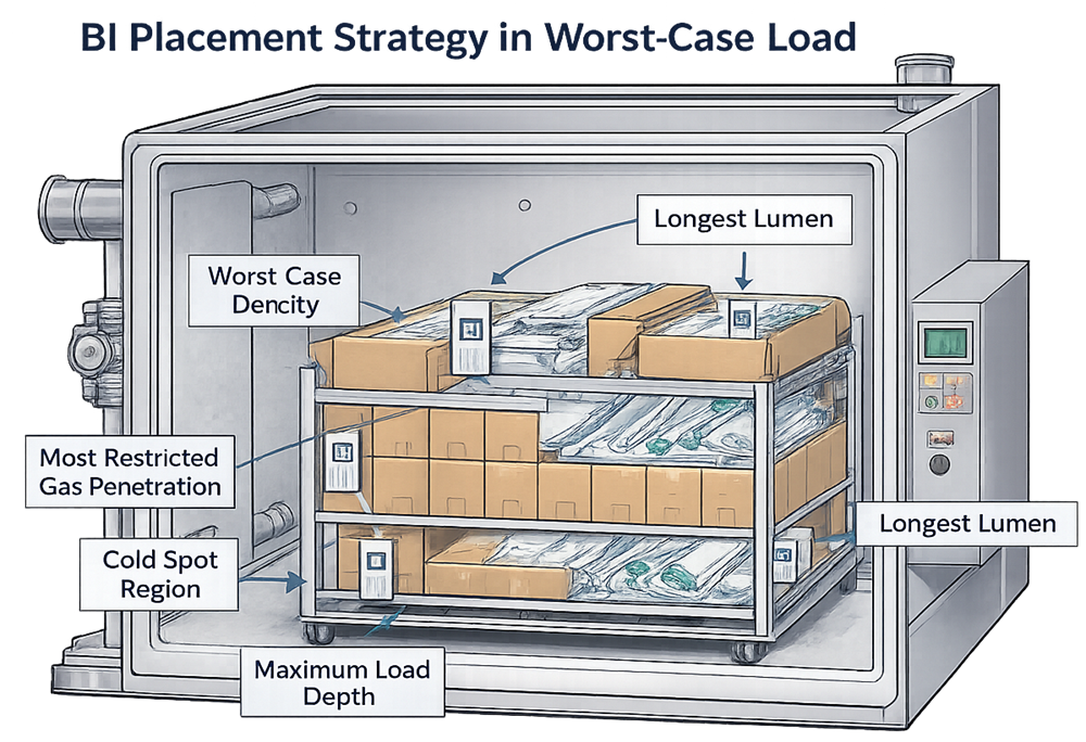 EtO sterilizer load showing representative challenge locations for gas penetration, product lumens, load density, and biological-indicator placement.