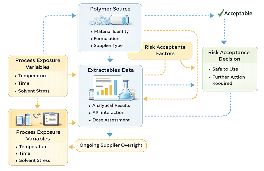 Single-use system extractables and leachables risk assessment linking polymer materials, process exposure, analytical data, toxicological evaluation, and product-specific acceptance.