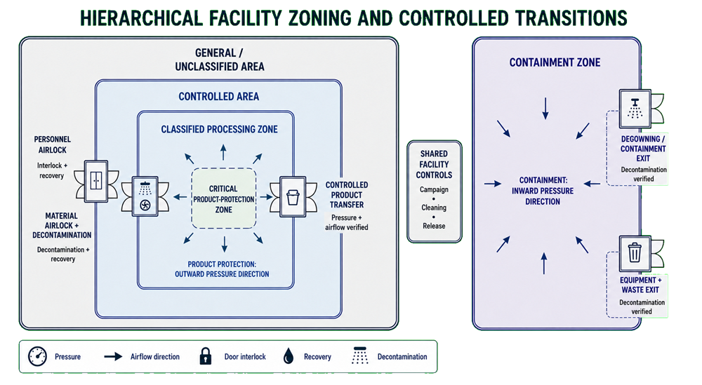 Hierarchical GMP facility zoning diagram showing general, controlled, classified, critical product-protection, and containment zones connected through verified personnel, material, product, equipment, and waste transitions.