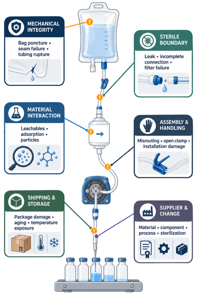 Risk map showing mechanical, sterility, material, handling, shipping, and supplier failure modes affecting a single-use fill-finish fluid path.