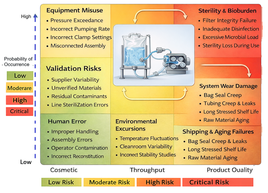 Risk map identifying potential failure points in single-use bag, tubing, filter, and connector assembly.