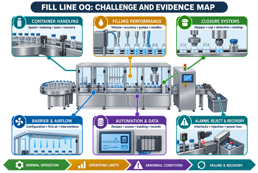Fill-line OQ evidence map covering container transport, filling, closure handling, barrier interfaces, automation, alarms, rejection, and failure recovery