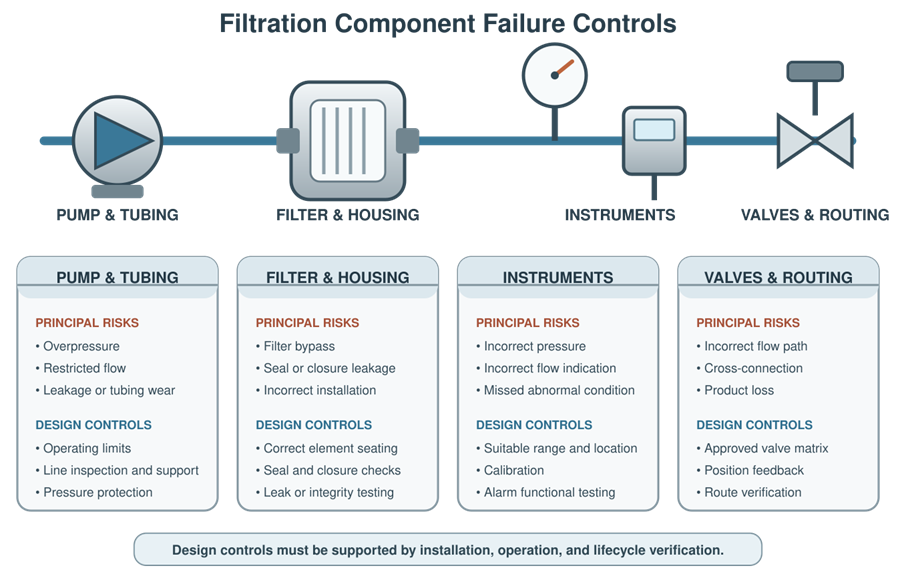 Filtration-system component risk diagram connecting filters, housings, pumps, tubing, instruments, and valves with their principal failure controls.