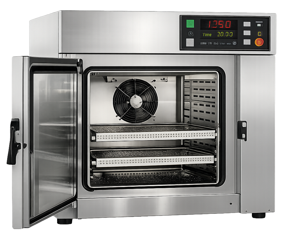 Forced-air dry heat sterilization oven with convection airflow system for uniform temperature distribution in pharmaceutical GMP environments.