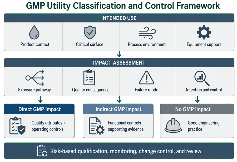 GMP utility classification framework connecting intended use and impact assessment to direct, indirect, or no-GMP-impact control strategies.