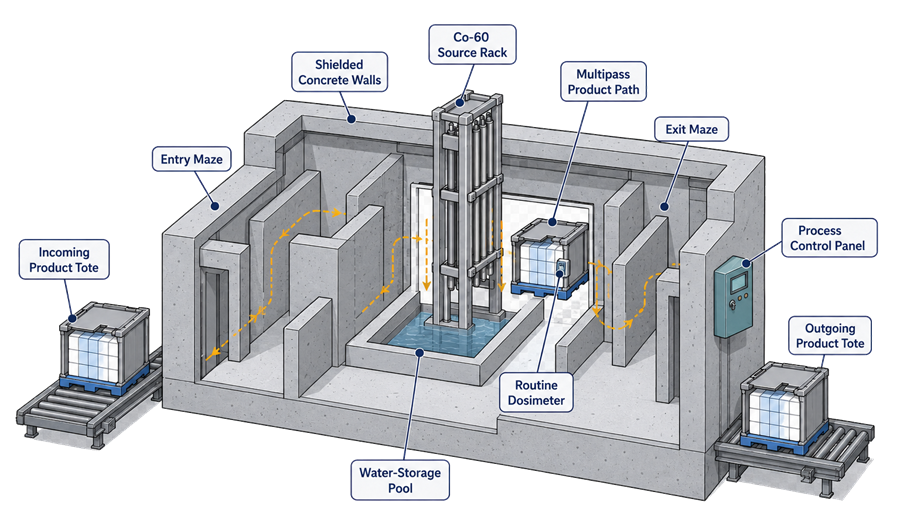 Gamma sterilization facility showing shielded entry and exit mazes, a raised Cobalt-60 source rack above a water-storage pool, multipass product movement, a load-associated routine dosimeter, and the process control panel.