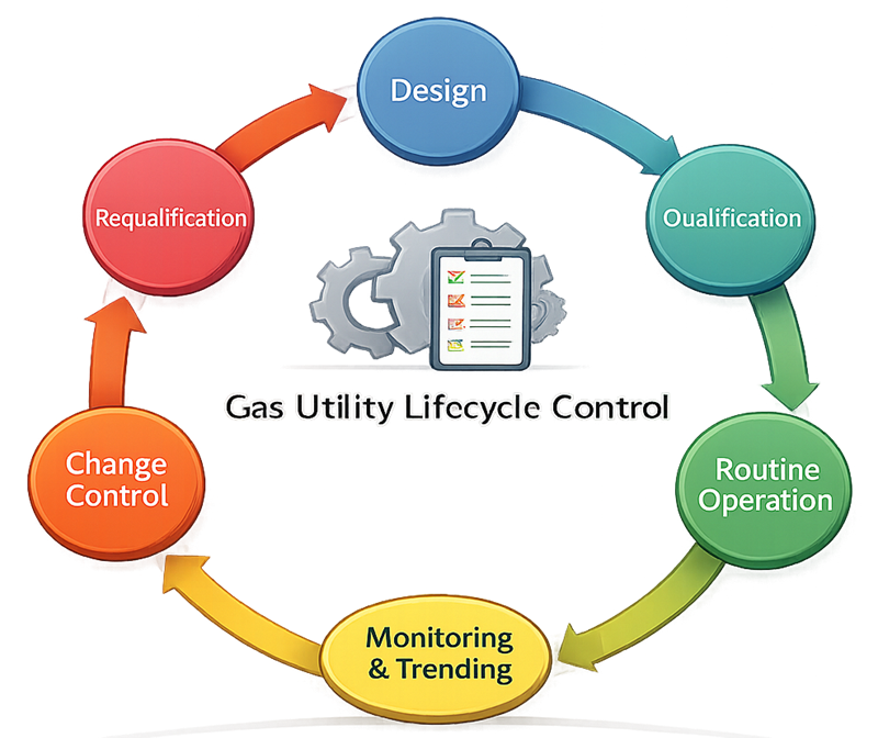 Gas utility lifecycle control loop linking design, qualification, routine operation, monitoring and trending, change control, and requalification.