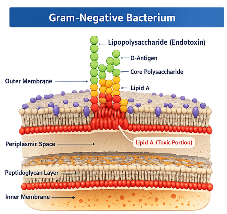 Cross-section of a Gram-negative bacterial envelope showing the outer membrane, lipopolysaccharide with O-antigen, core polysaccharide and lipid A, the peptidoglycan layer, periplasmic space, and inner membrane.
