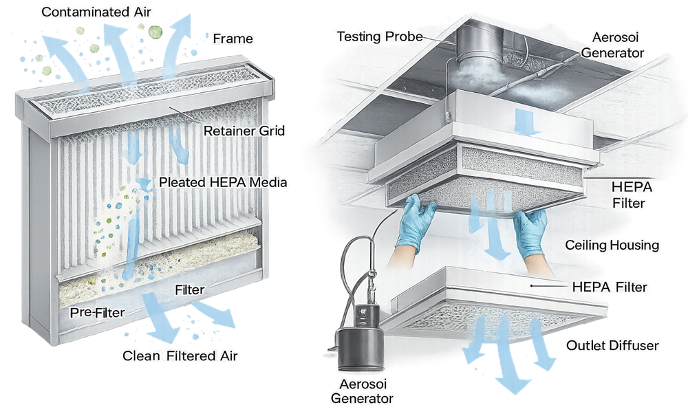 HEPA filter construction and integrity testing diagram showing airflow through filter media and aerosol challenge verification in pharmaceutical cleanroom HVAC systems
