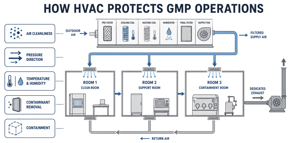 GMP HVAC system supplying filtered and conditioned air to controlled rooms while managing air cleanliness, pressure direction, temperature, humidity, contaminant removal, return air, and dedicated containment exhaust.