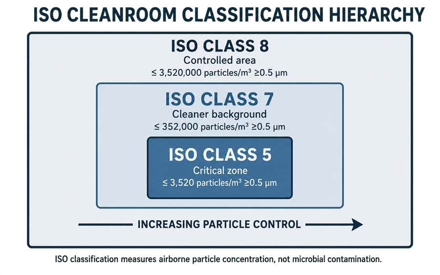 ISO cleanroom classification hierarchy showing progressively lower airborne particle limits from ISO Class 8 to ISO Class 7 and ISO Class 5.