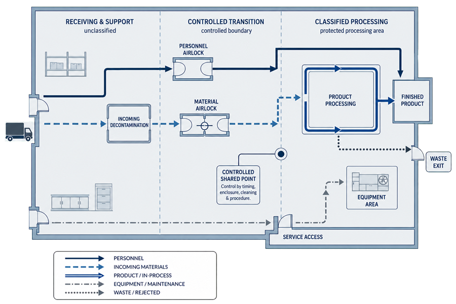 GMP facility flow design showing controlled routes for personnel, incoming materials, product, equipment and maintenance, and outgoing waste through airlocks and defined transition points.
