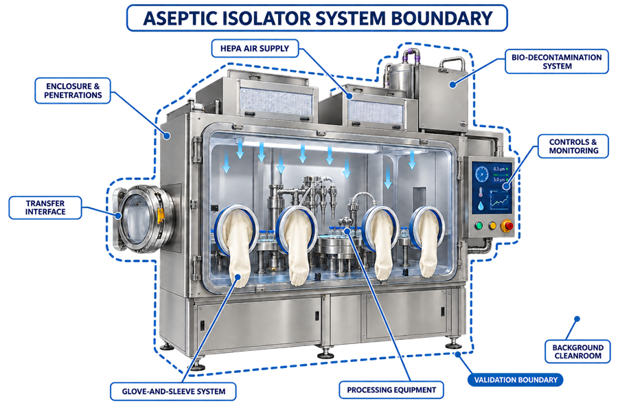Validation boundary of an aseptic isolator showing enclosure, HEPA airflow system, glove ports, transfer interfaces, processing equipment, bio-decontamination system, controls, and background cleanroom.