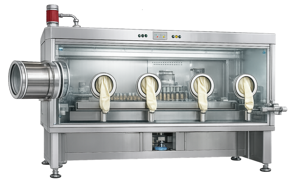 Pharmaceutical aseptic processing isolator with rigid enclosure, glove ports, transfer interface, and integrated processing equipment.